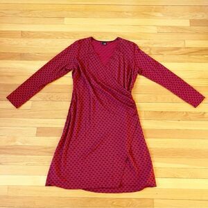 Lisa Bayne Red Black Pattern Holiday Wrap V-Neck Midi Long Sleeve Dress Large